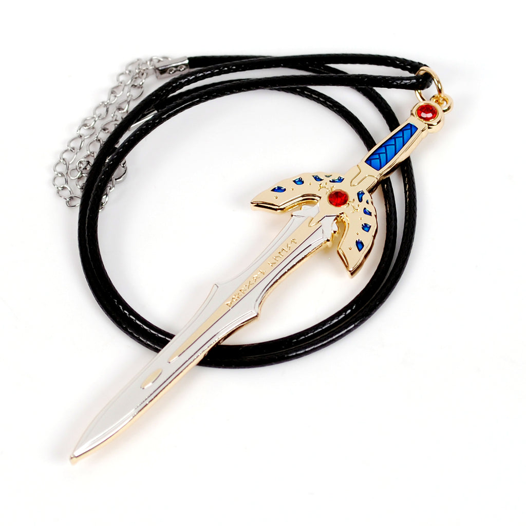 A fantasy sword pendant necklace on a black cord, featuring a gold hilt with blue and red accents, a silver blade, and a silver chain, shown on a white background.
