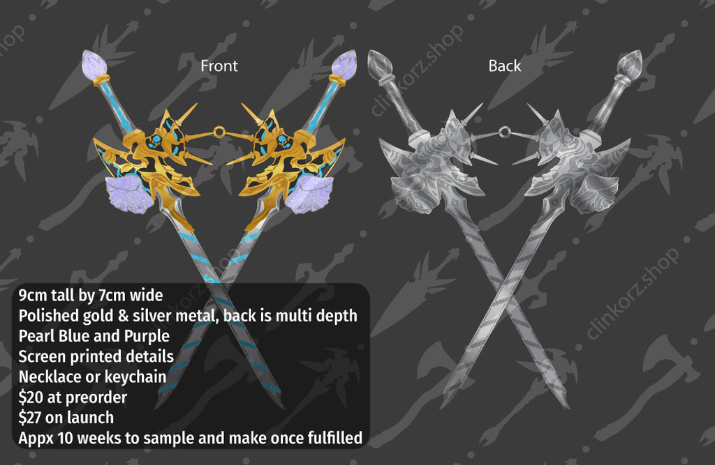Front and back views of a fantasy sword pendant or keychain charm on a dark gray background with product text. The front shows two crossed swords with ornate gold and silver details, blue and purple accents, and lavender flower-like tops.