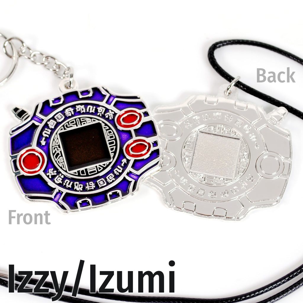 Front and back of Izzy digivice, showing purple and red colors on silver metal with a keychain or necklace attachment.