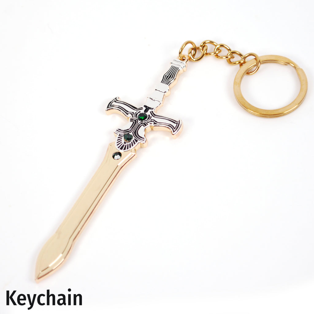 A replica of Ike's Ragnell from Fire Emblem, featuring a polished gold-colored blade and hilt with silver and black detailing, suspended from a gold keychain on a white background.