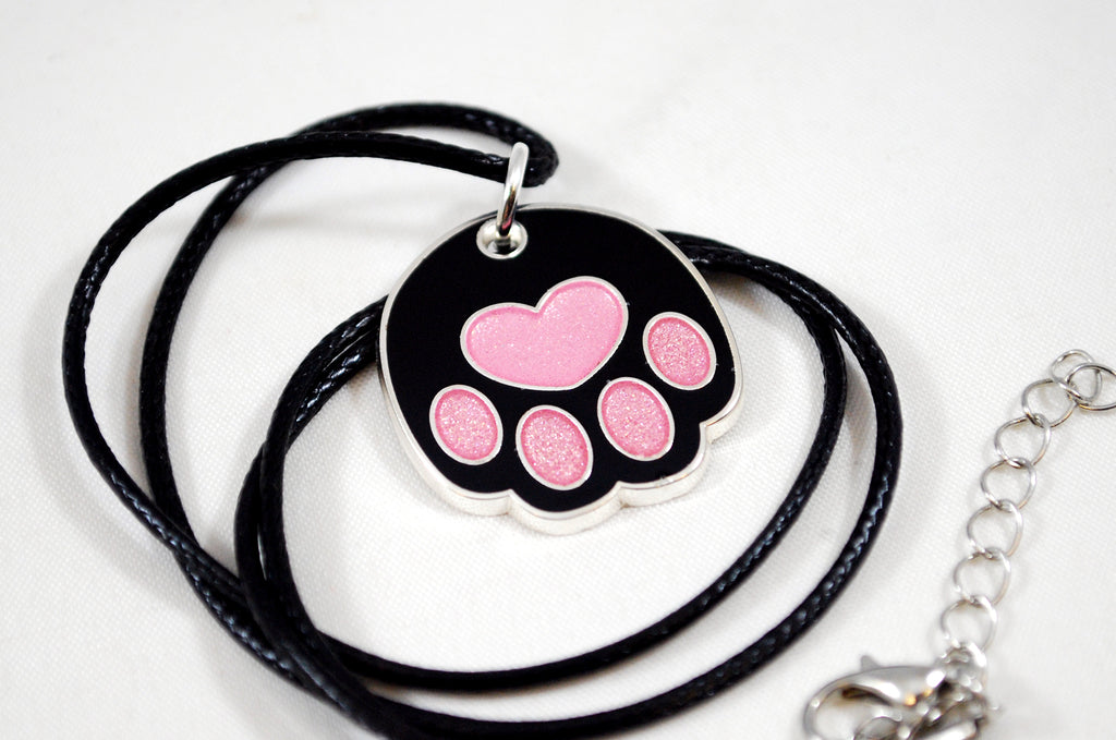 Heart Cat Paw as Metal and Enamel Necklace Keychain or Earrings