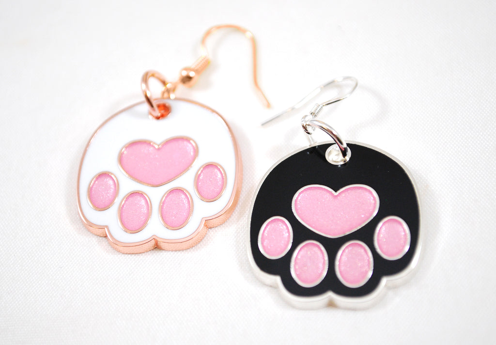 Heart Cat Paw as Metal and Enamel Necklace Keychain or Earrings